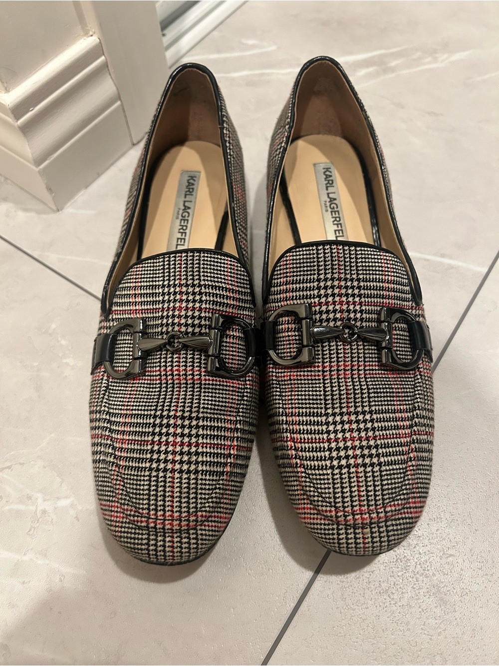 Karl Lagerfeld Black, White & Red Plaid Horsebit Loafers